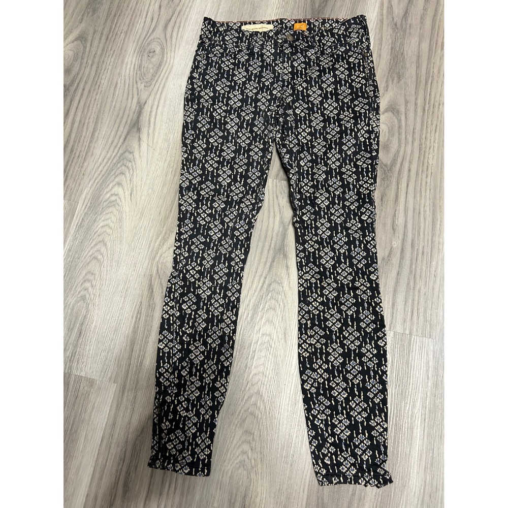 Pilcro Womens Ankle Zip Geometric Ikat Cotton Modal Pants 27 Black White Blue